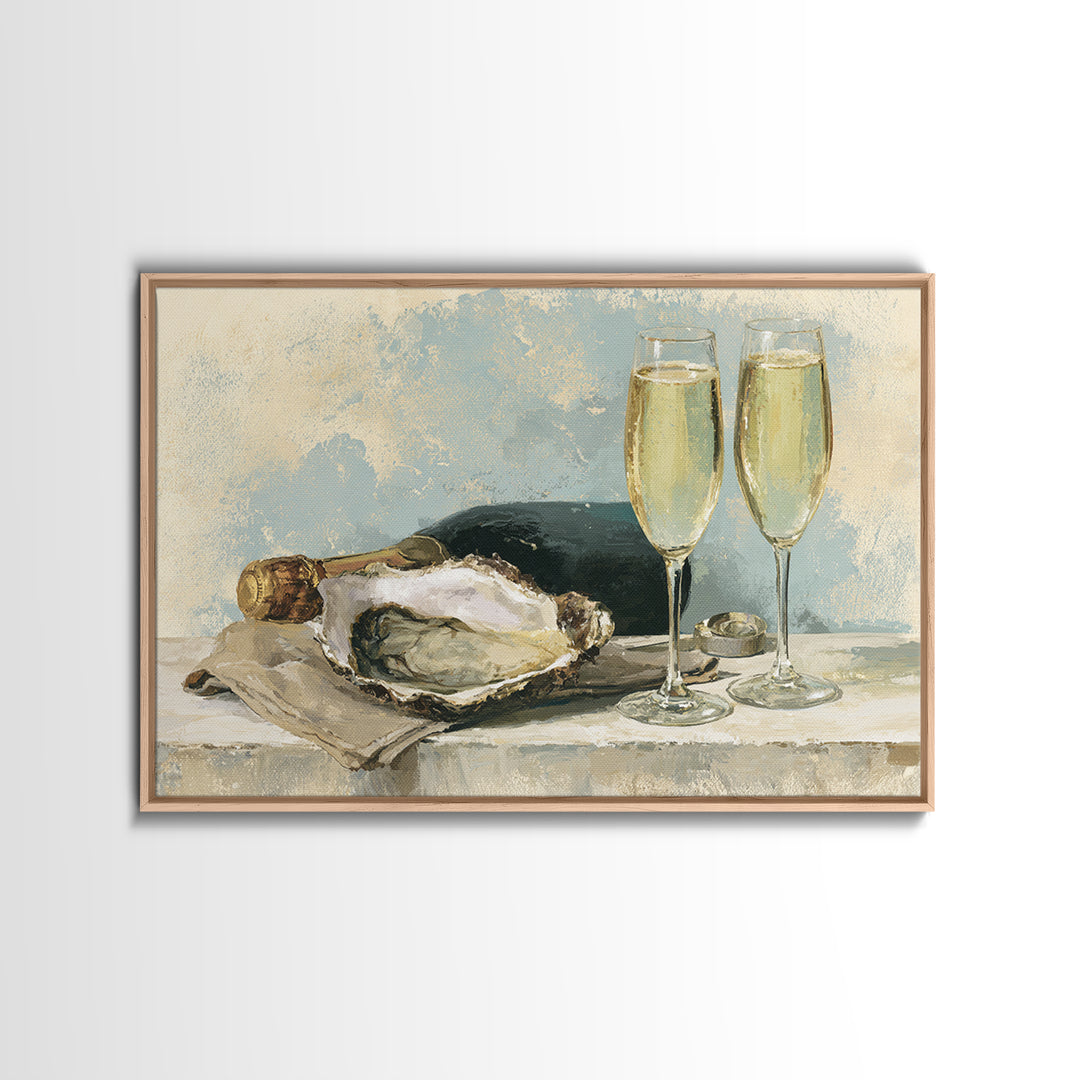 Elegant Oyster and Champagne Still Life Framed Canvas Print, Dining Room Art, Kitchen Prints, Dining Room Decor, Oil Painting, DRA-3x2-59