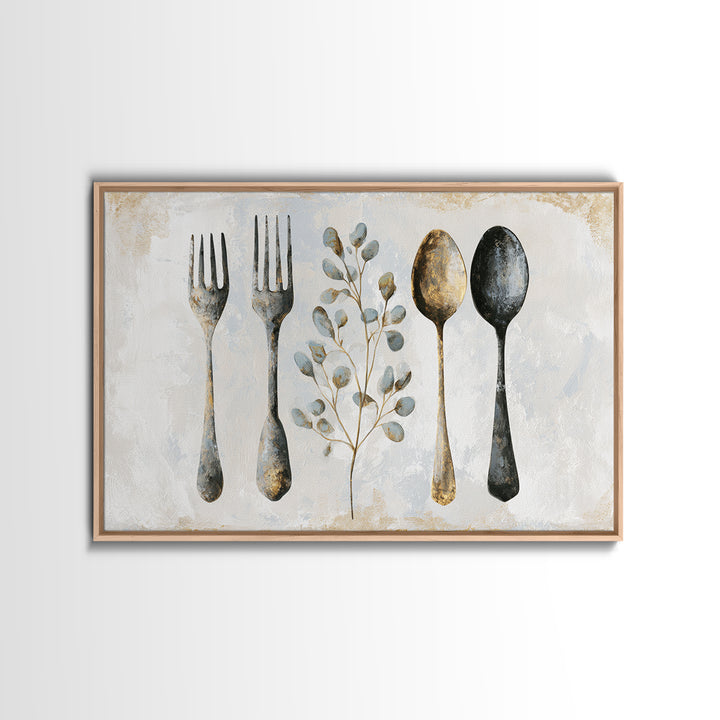 Minimal Fork Spoon and Herb Composition Framed Canvas Print, Dining Room Art, Kitchen Decor, Dining Room Decor, Oil Painting, DRA-3x2-74