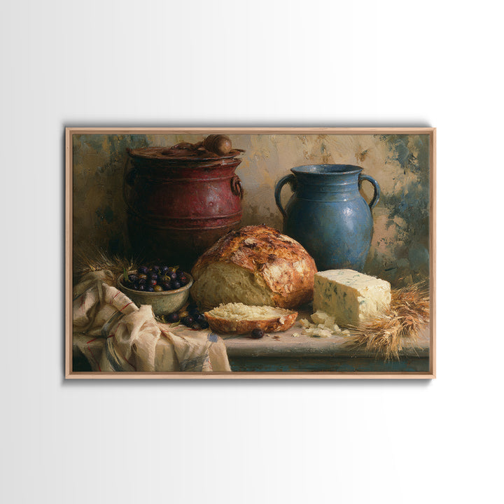 Rustic Bread Olives and Cheese Still Life Canvas Print, Dining Room Art, Watercolor Painting, Dining Room Decor, Dining, DRA-3x2-82