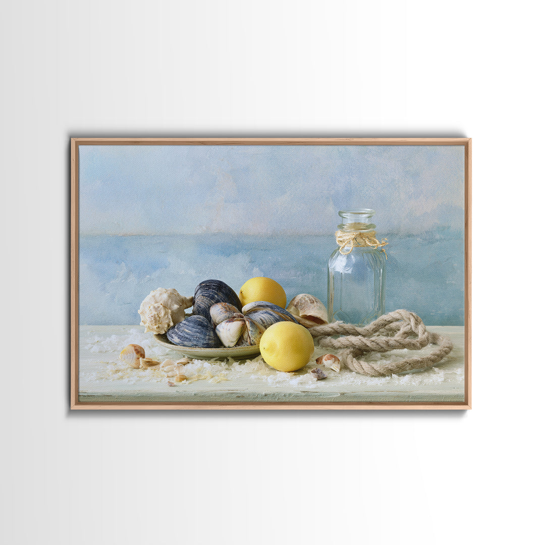 Shellfish and Lemon Still Life Framed Canvas Print, Dining Room Art, Trendy Wall Art, Dining Room Decor, Fine Art, Dining, DRA-3x2-92