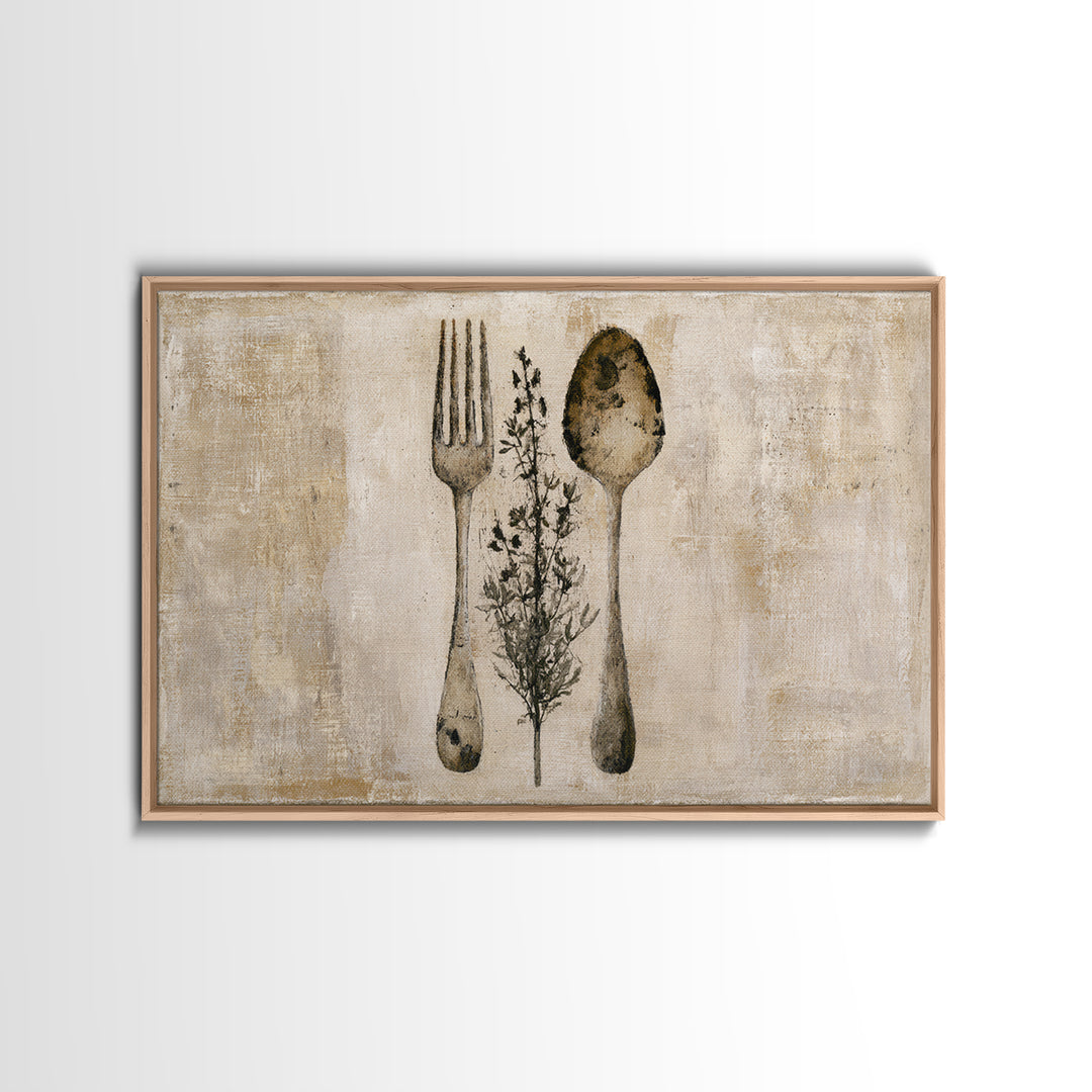 Minimal Fork Spoon and Herb Composition Canvas Print, Dining Room Art, Living Room Decor, Dining Room Decor, Fine Art, Dining, DRA-3x2-98