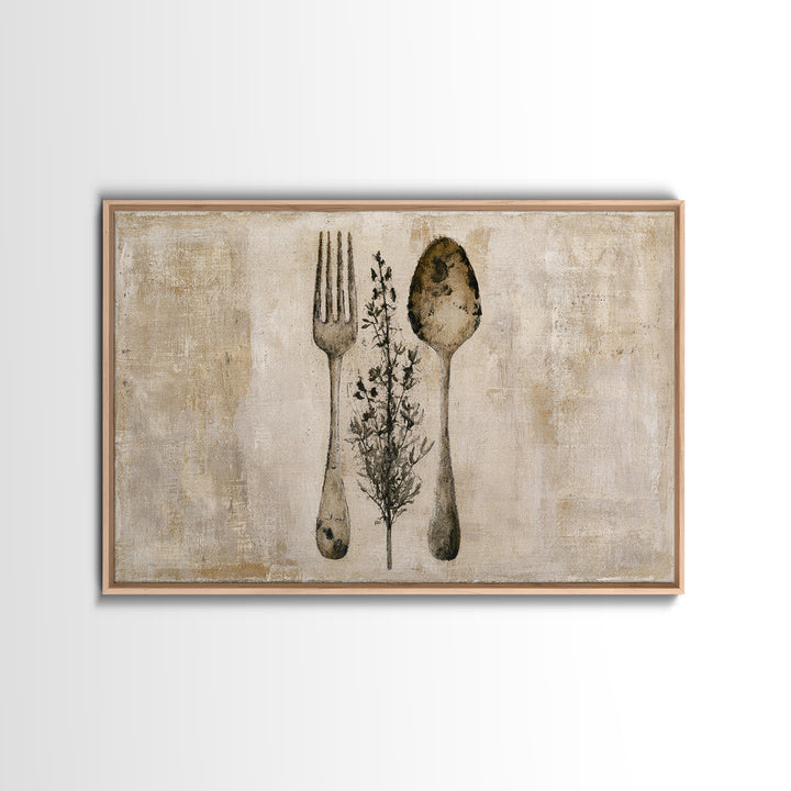 Minimal Fork Spoon and Herb Composition Canvas Print, Dining Room Art, Living Room Decor, Dining Room Decor, Fine Art, Dining, DRA-3x2-98