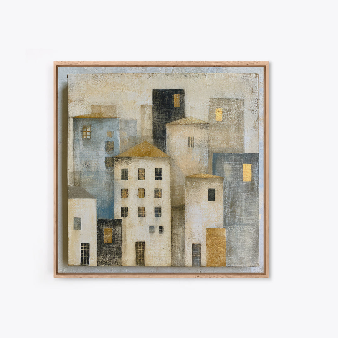 Naive Cityscape with Patterned Windows Framed Canvas Print, Eclectic Art, Art, Living Room Decor, Fine Art, Eclectic, ECL-1x1-12