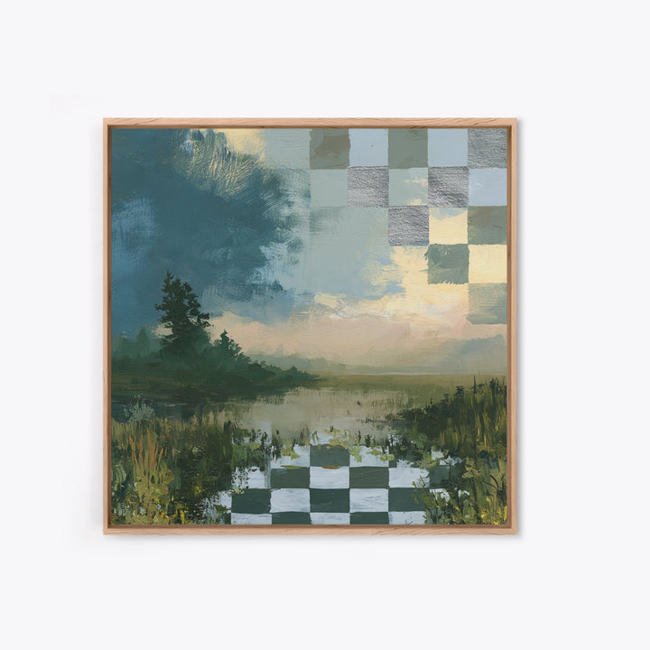Playful Checkerboard Landscape Framed Canvas Print, Eclectic Art, Printable Wall Art, Living Room Decor, Fine Art, Eclectic, ECL-1x1-33