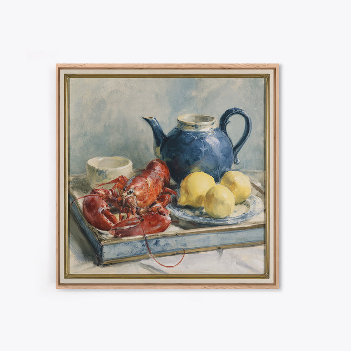 Unexpected Lobster and Lemons Still Life Framed Canvas Print, Eclectic Art, Fine Art Print, Living Room Decor, Abstract Art, ECL-1x1-42