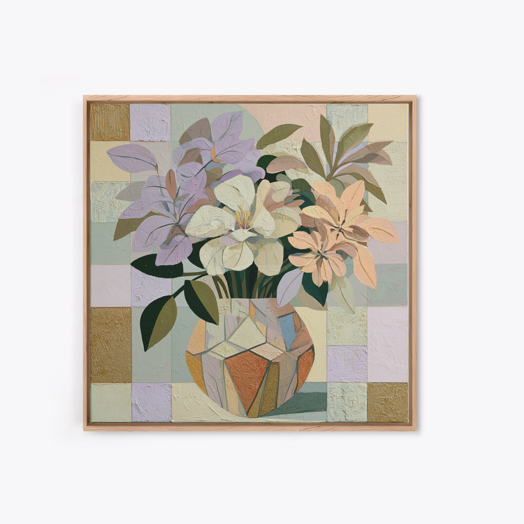 Retro Futurist Vase of Flowers Framed Canvas Print, Eclectic Art, Textured Painting, Living Room Decor, Fine Art, Eclectic, ECL-1x1-58
