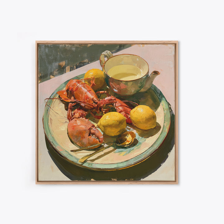 Unexpected Lobster and Lemons Still Life Framed Canvas Print, Eclectic Art, Fine Art Print, Living Room Decor, Abstract Art, ECL-1x1-66