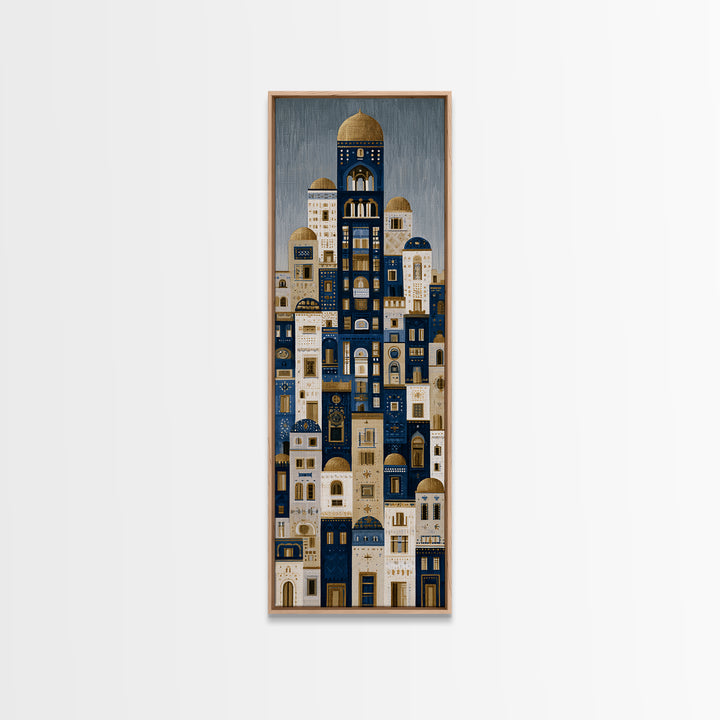 Naive Cityscape with Patterned Windows Framed Canvas Print, Eclectic Art, Portrait, Living Room Decor, Fine Art, Eclectic, ECL-1x3-24