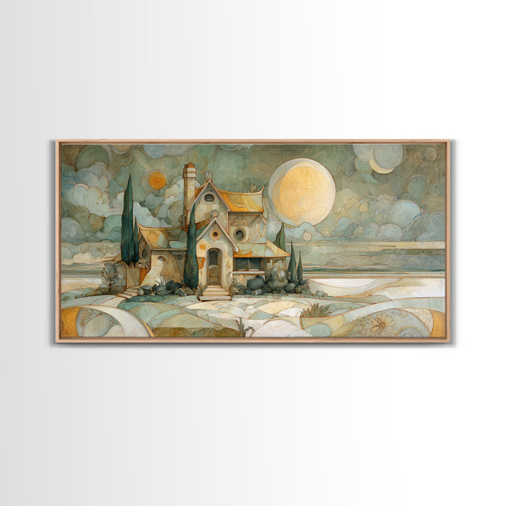 Folk Art House Framed Canvas Print, Eclectic Art, Digital Print, Living Room Decor, Watercolor Art, Eclectic, Fine Art Print, ECL-2x1-51