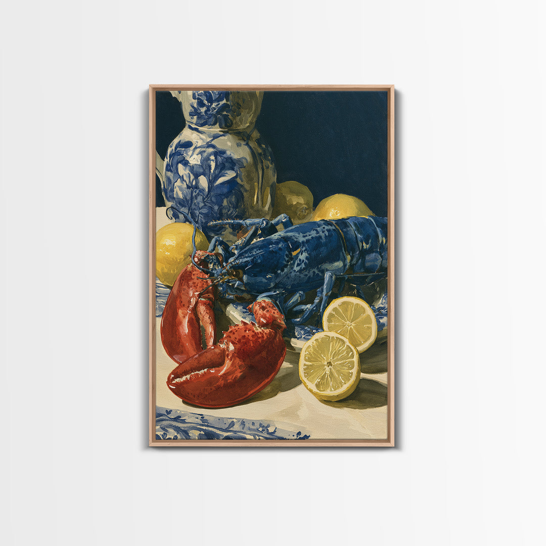 Unexpected Lobster and Lemons Still Life Framed Canvas Print, Eclectic Art, Digital Art, Living Room Decor, Abstract Art, ECL-2x3-2