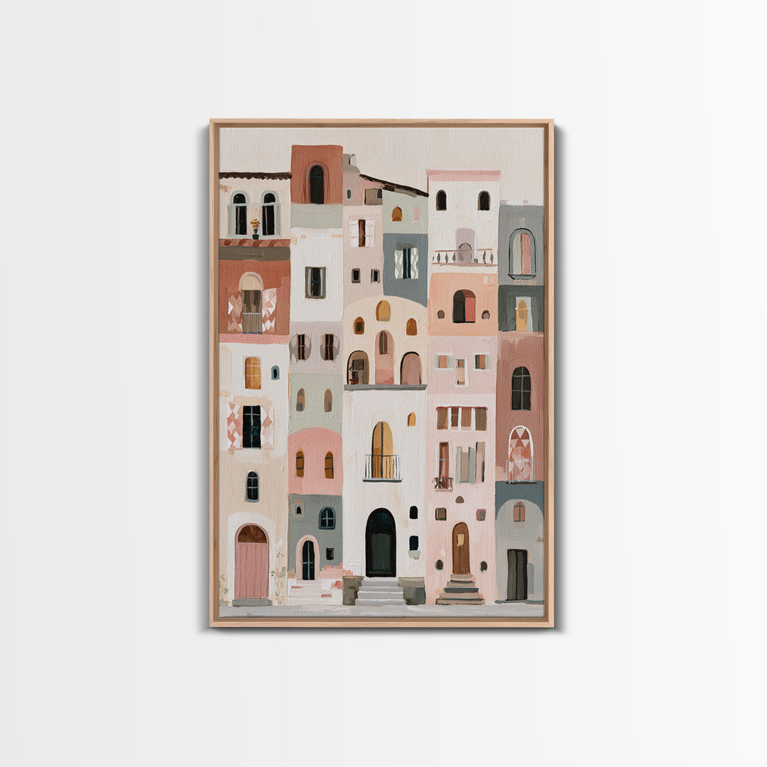 Naive Cityscape with Patterned Windows Framed Canvas Print, Eclectic Art, Neutral Decor, Living Room Decor, Oil Painting, ECL-2x3-20
