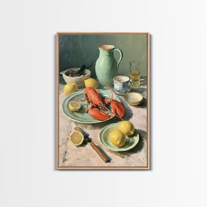 Unexpected Lobster and Lemons Still Life Framed Canvas Print, Eclectic Art, Digital Art, Living Room Decor, Abstract Art, ECL-2x3-26