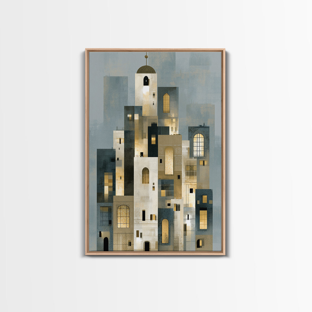Naive Cityscape with Patterned Windows Framed Canvas Print, Eclectic Art, Living Room Decor, Watercolor Art, Eclectic, ECL-2x3-44