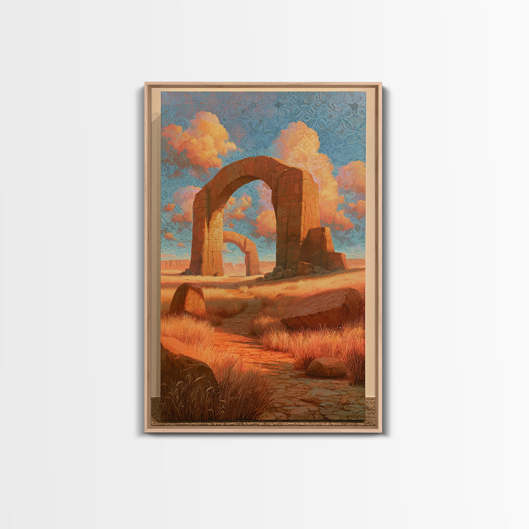 Surreal Desert with Floating Arches Framed Canvas Print, Eclectic Art, Printable, Living Room Decor, Oil Painting, Eclectic, ECL-2x3-6