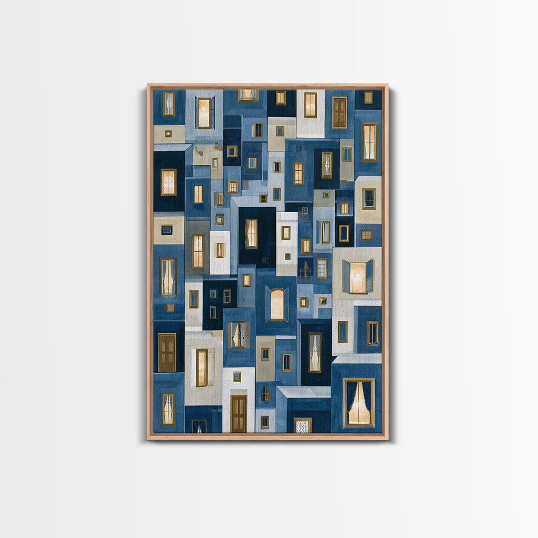 Naive Cityscape with Patterned Windows Framed Canvas Print, Eclectic Art, Luxury Decor, Living Room Decor, Fine Art, Eclectic, ECL-2x3-68