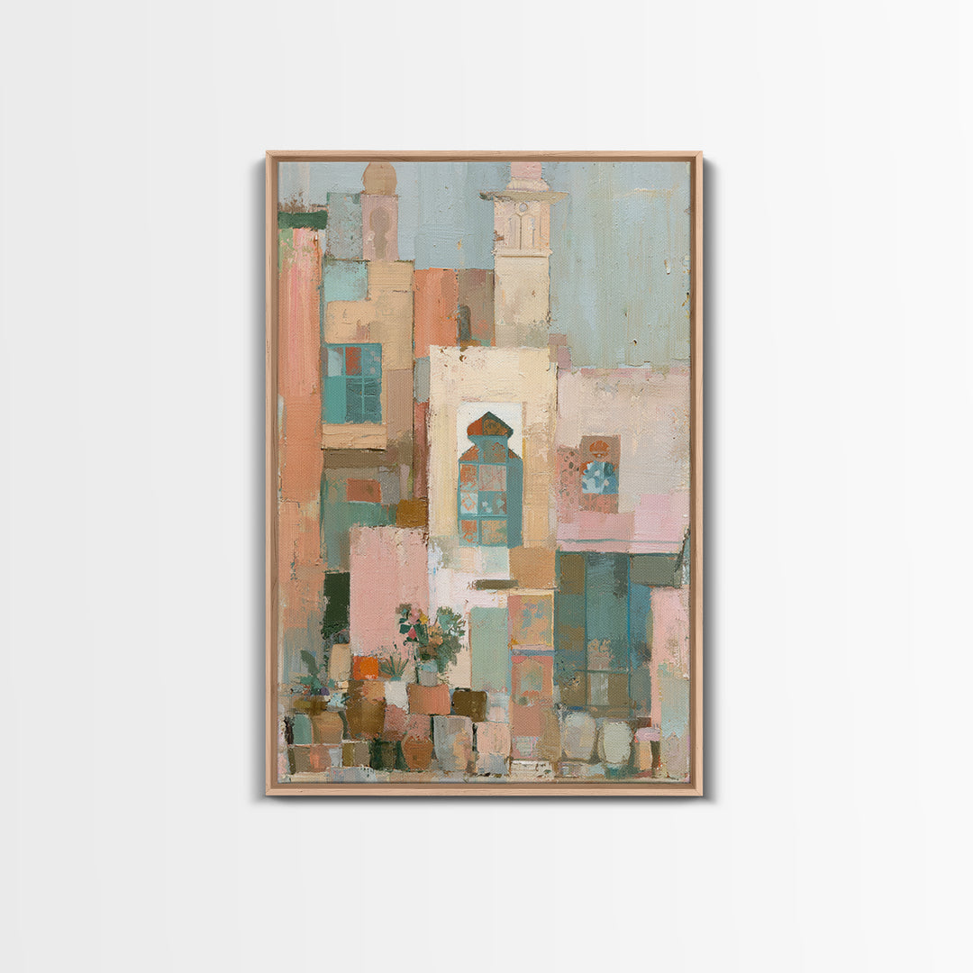 Naive Cityscape with Patterned Windows Framed Canvas Print, Eclectic Art, Original Art, Living Room Decor, Abstract Art, ECL-2x3-92