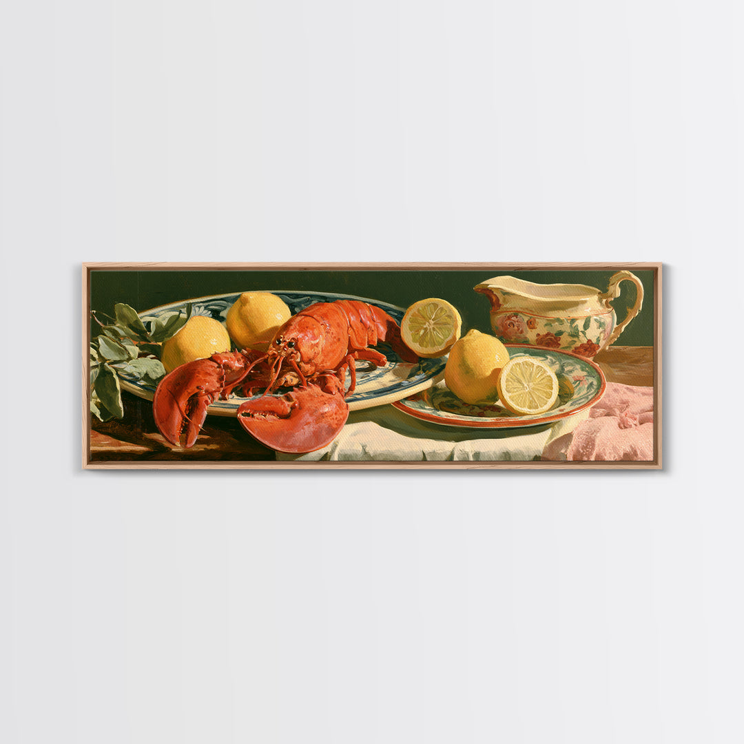 Unexpected Lobster and Lemons Still Life Framed Canvas Print, Eclectic Art, Large Wall Art, Living Room Decor, Eclectic, ECL-3x1-10