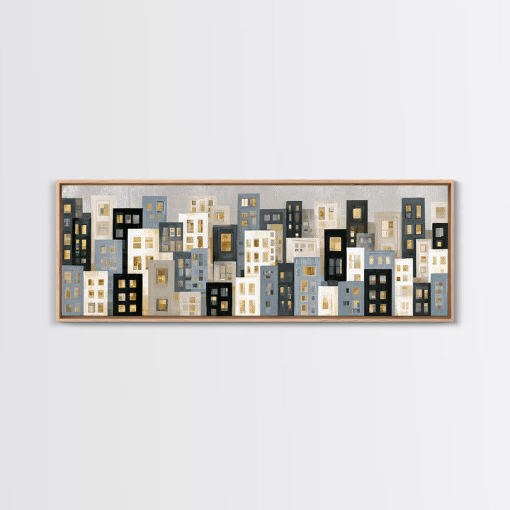 Naive Cityscape with Patterned Windows Framed Canvas Print, Eclectic Art, Gallery Decor, Living Room Decor, Oil Painting, ECL-3x1-28