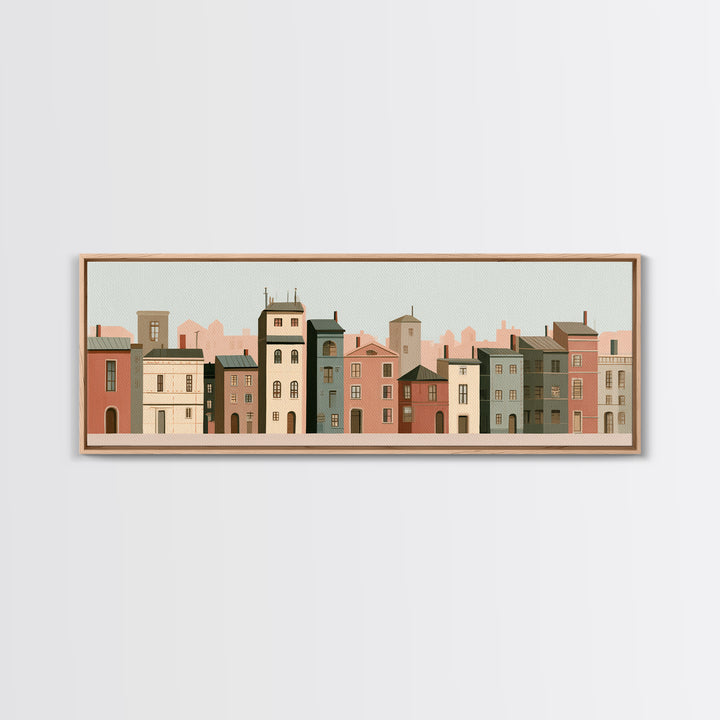 Naive Cityscape with Patterned Windows Canvas Print, Eclectic Art, Living Room Decor, Watercolor Art, Eclectic, ECL-3x1-4