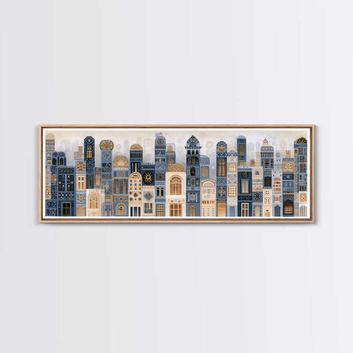 Naive Cityscape with Patterned Windows Framed Canvas Print, Eclectic Art, Home Decor, Living Room Decor, Abstract Art, Eclectic, ECL-3x1-52