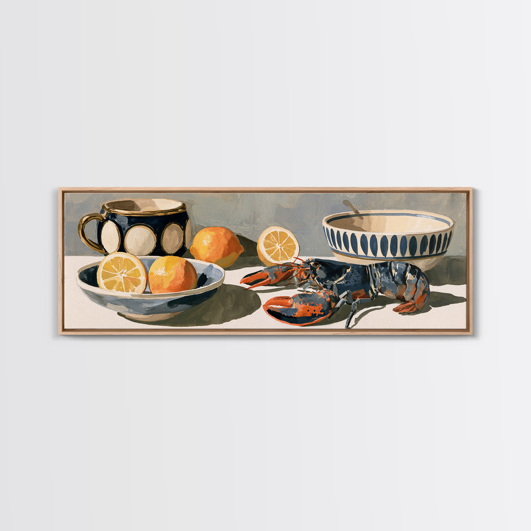 Unexpected Lobster and Lemons Still Life Framed Canvas Print, Eclectic Art, Dopamine Decor, Living Room Decor, Eclectic, ECL-3x1-58