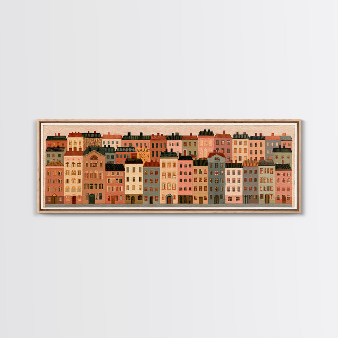 Naive Cityscape with Patterned Windows Canvas Print, Eclectic Art, Art Prints, Living Room Decor, Fine Art, Eclectic, ECL-3x1-76