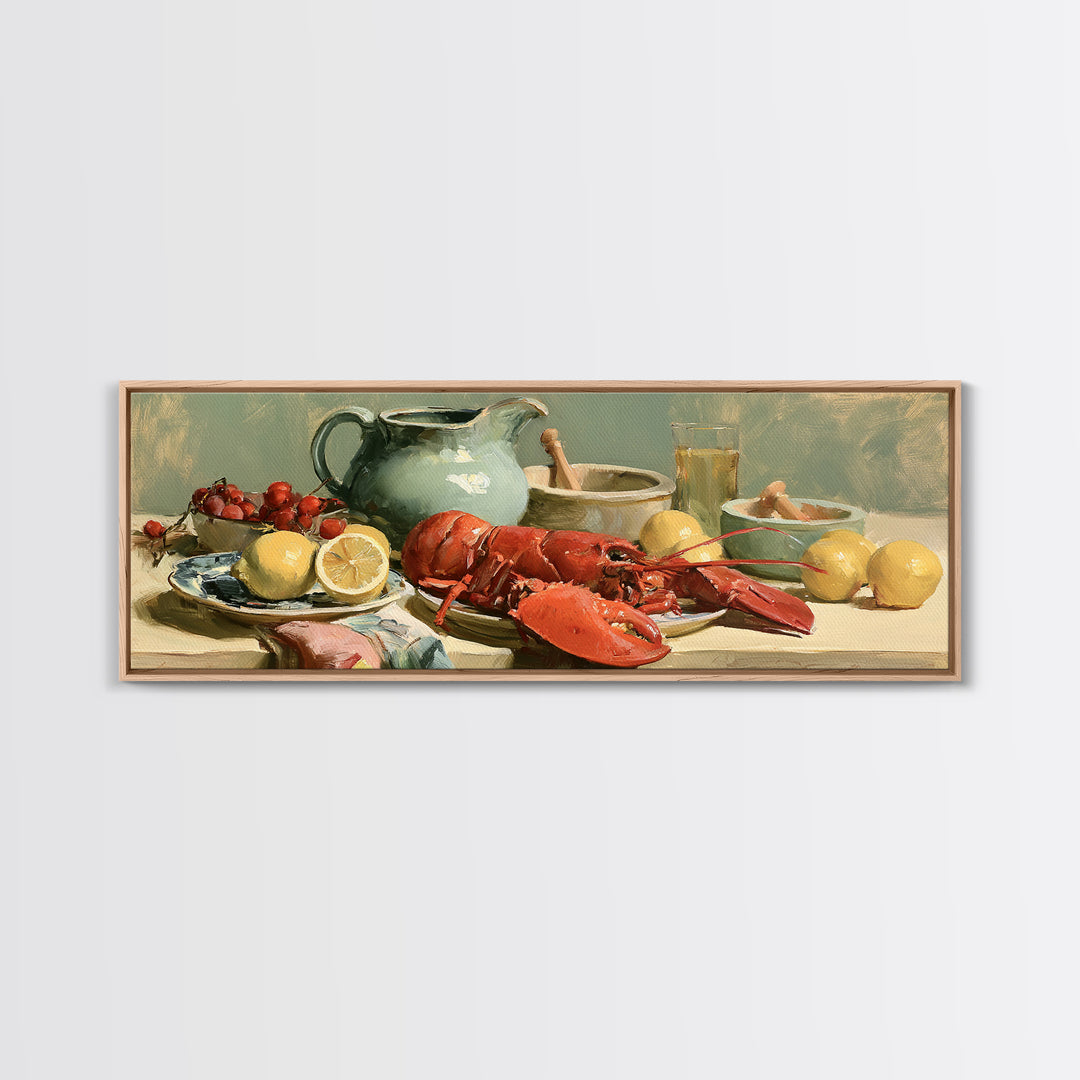 Unexpected Lobster and Lemons Still Life Framed Canvas Print, Eclectic Art, Dopamine Decor, Living Room Decor, Eclectic, ECL-3x1-82