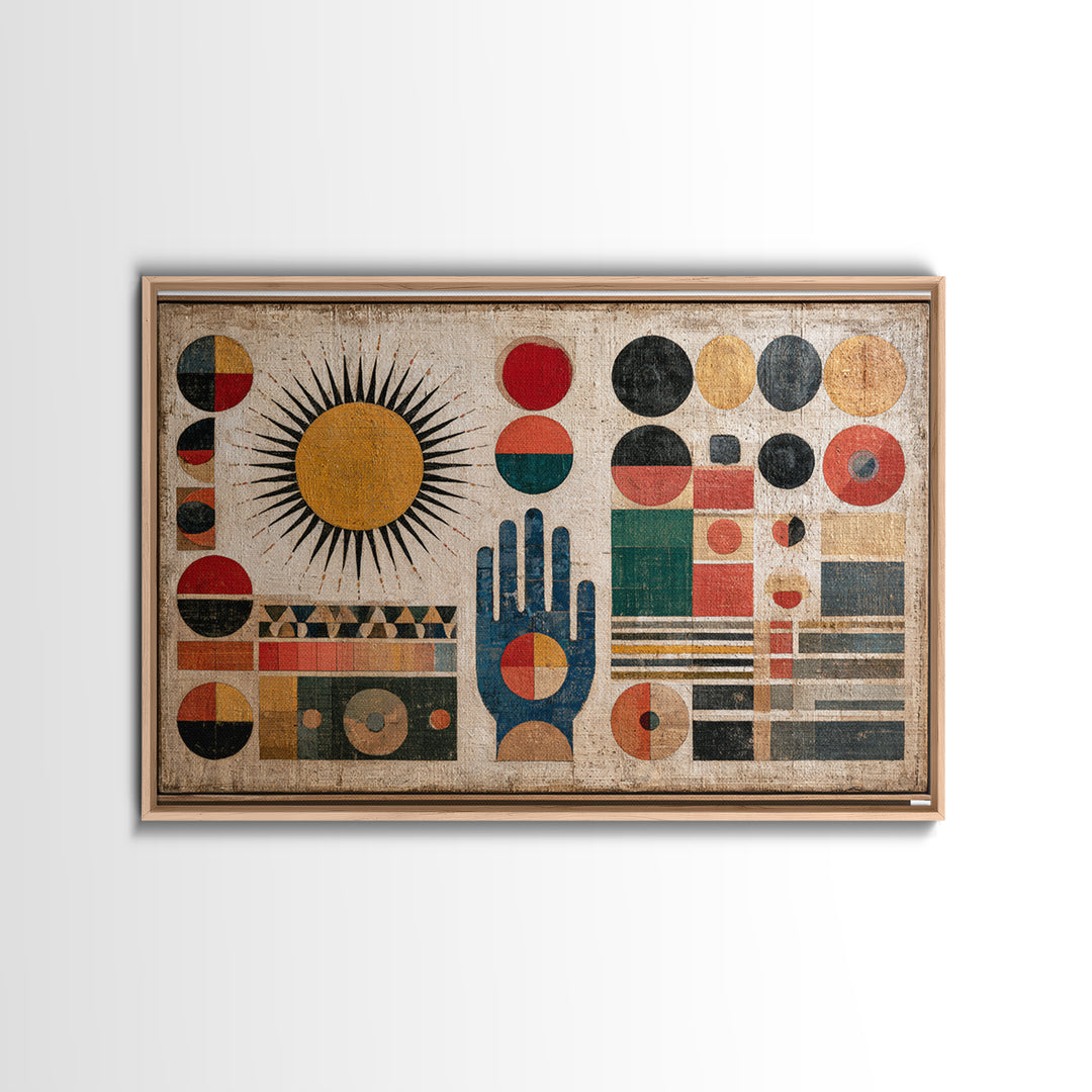 Geometric Sun and Hand Motif Framed Canvas Print, Eclectic Art, Boho, Living Room Decor, Abstract Art, Eclectic, ECL-3x2-19
