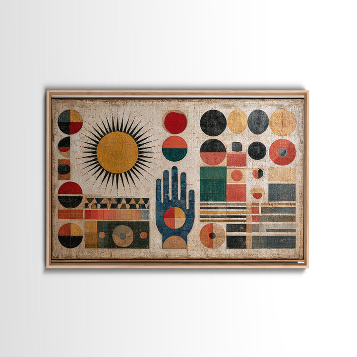 Geometric Sun and Hand Motif Framed Canvas Print, Eclectic Art, Boho, Living Room Decor, Abstract Art, Eclectic, ECL-3x2-19