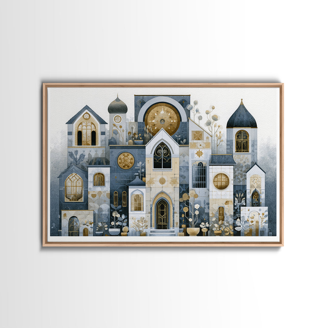 Naive Cityscape with Patterned Windows Framed Canvas Print, Eclectic Art, Art Prints, Living Room Decor, Oil Painting, Eclectic, ECL-3x2-40