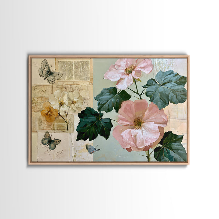 Botanical Collage with Butterflies and Old Paper Framed Canvas Print, Eclectic Art, Wall Decor, Living Room Decor, Eclectic, ECL-3x2-41