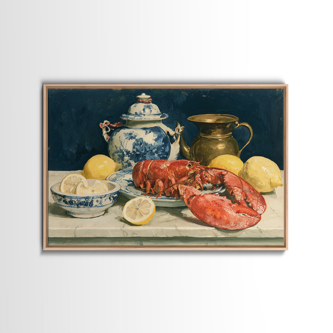 Unexpected Lobster and Lemons Still Life Framed Canvas Print, Eclectic Art, Neutral Decor, Living Room Decor, Eclectic, ECL-3x2-46