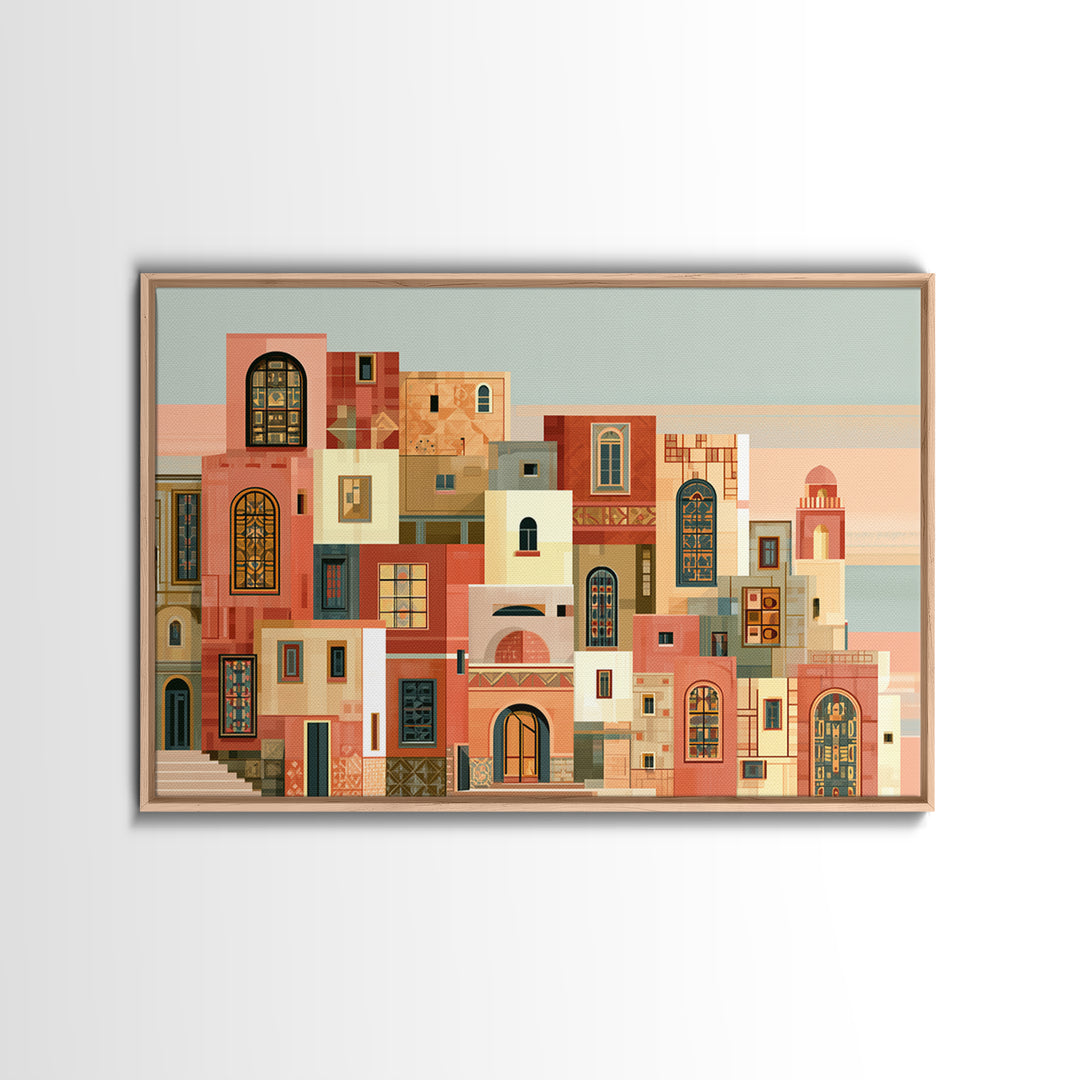 Naive Cityscape with Patterned Windows Framed Canvas Print, Eclectic Art, Original Art, Living Room Decor, Abstract Art, ECL-3x2-64