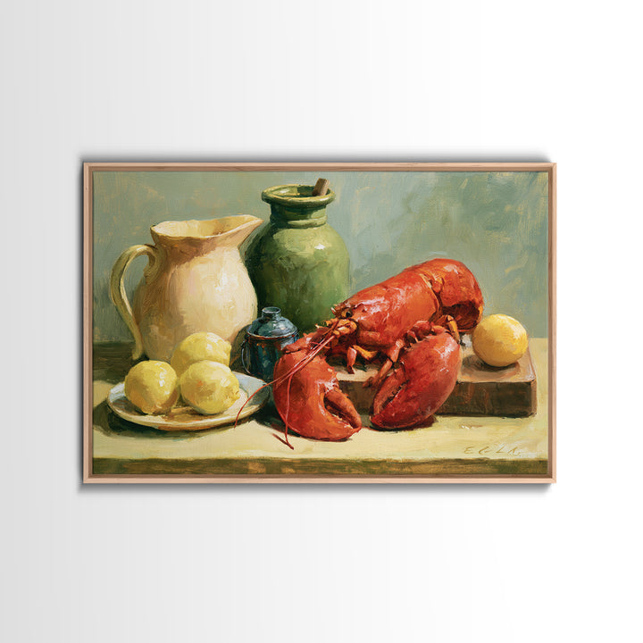 Unexpected Lobster and Lemons Still Life Framed Canvas Print, Eclectic Art, Neutral Decor, Living Room Decor, Eclectic, ECL-3x2-70