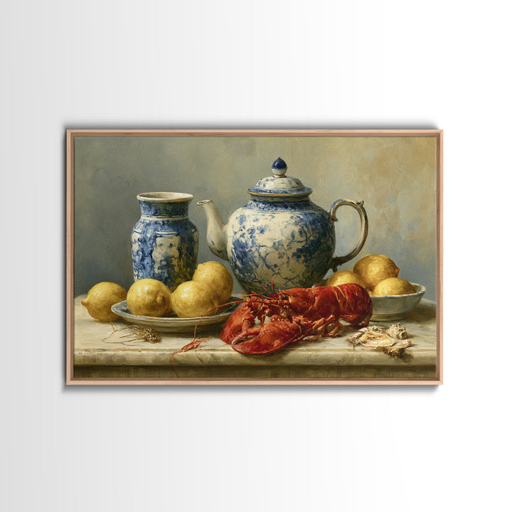 Unexpected Lobster and Lemons Still Life Canvas Print, Eclectic Art, Living Room Decor, Abstract Art, Eclectic, ECL-3x2-94
