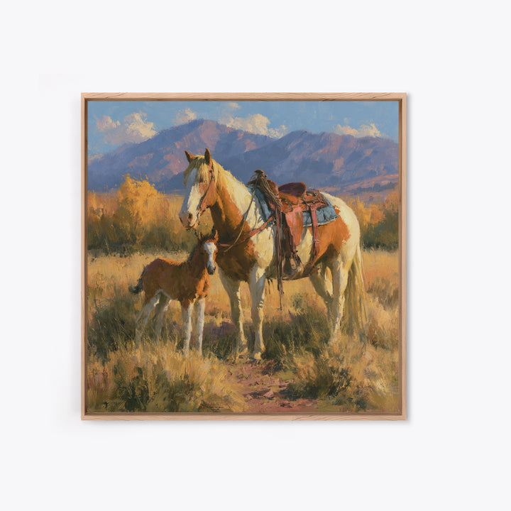 Horse and Foal Framed Canvas Print, Equestrian Art, Wall Decor, Living Room Decor, Oil Painting, Equestrian, Unique Wall Art, EQU-1x1-12