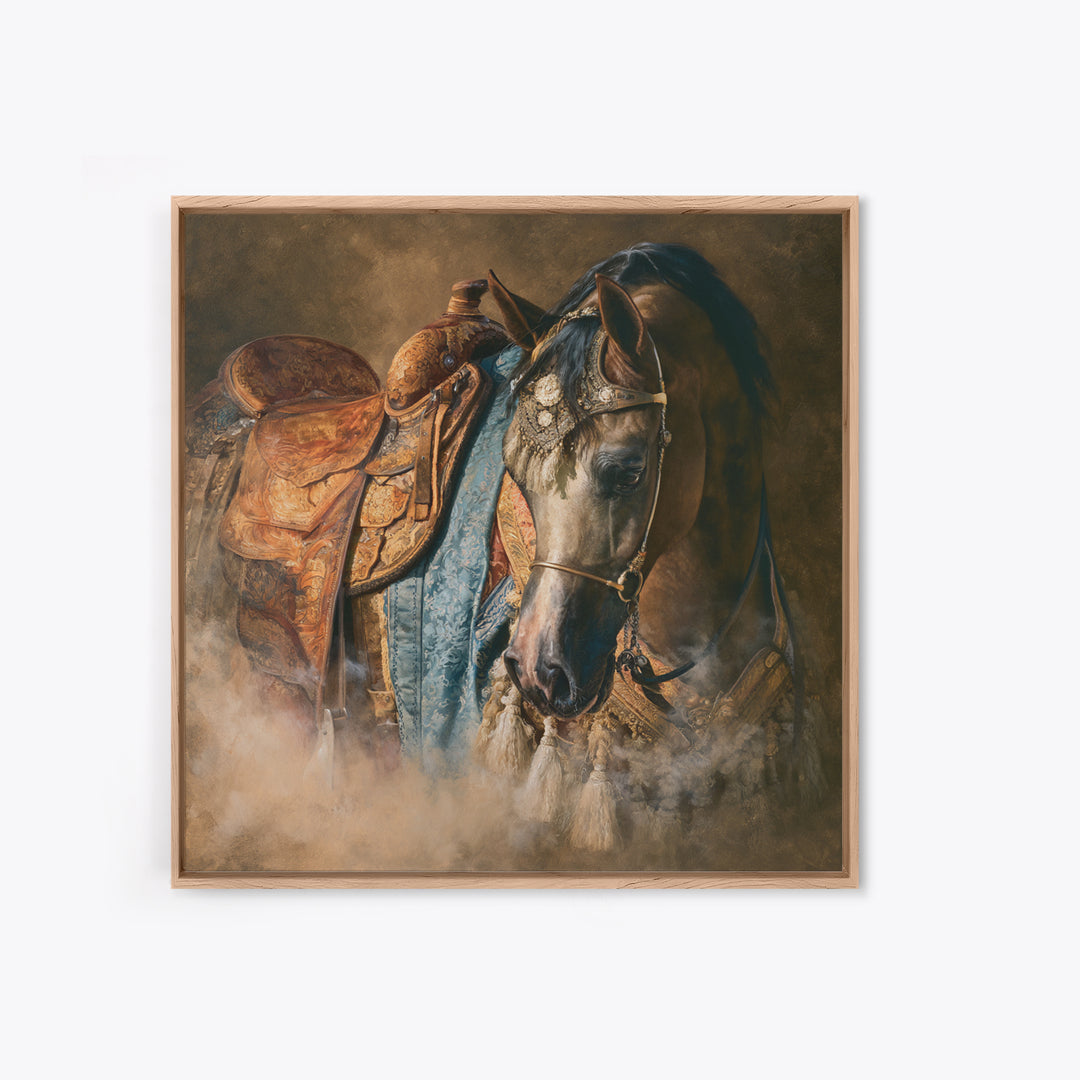 Arabian Horse with Ornate Tack and Silk Canvas Print, Equestrian Art, Living Room Decor, Oil Painting, Equestrian, EQU-1x1-15