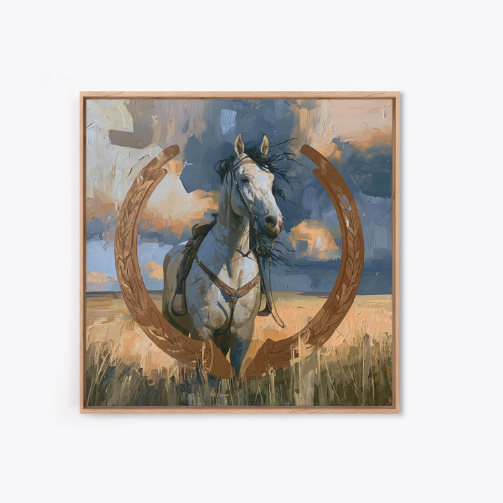 Equestrian Crest with Laurel and Horseshoe Canvas Print, Equestrian Art, Western Decor, Living Room Decor, Oil Painting, EQU-1x1-22