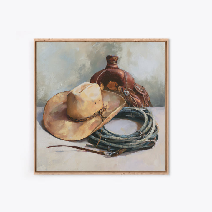 Cowgirl Hat and Reins Still Life Canvas Print, Equestrian Art, Western Decor, Living Room Decor, Fine Art, Equestrian, EQU-1x1-35