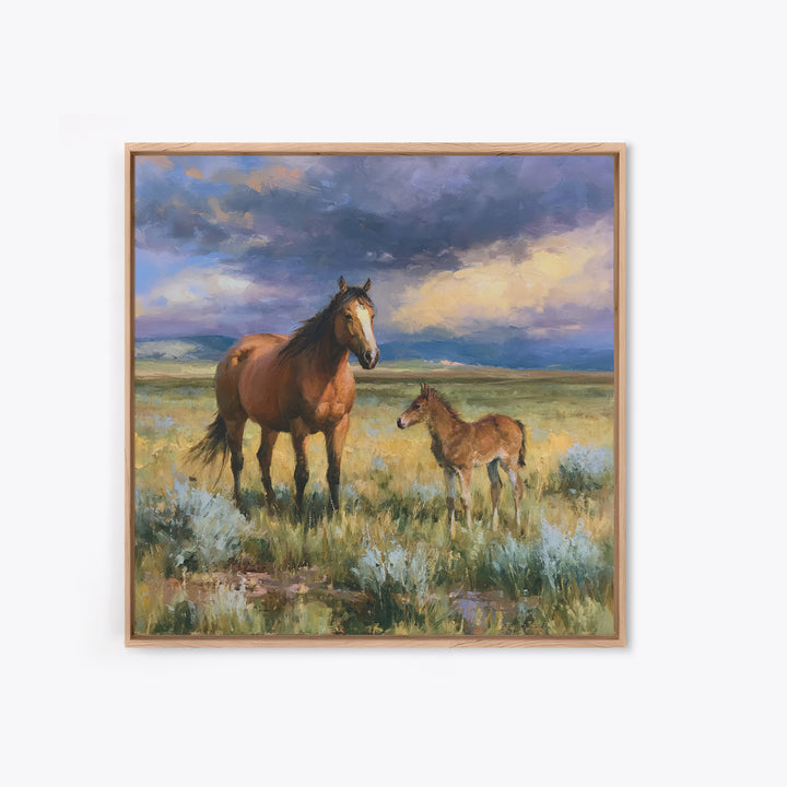 Horse and Foal Canvas Print, Equestrian Art, Digital Print, Living Room Decor, Equestrian, Moody Wall Art, Green Wall Art, EQU-1x1-36