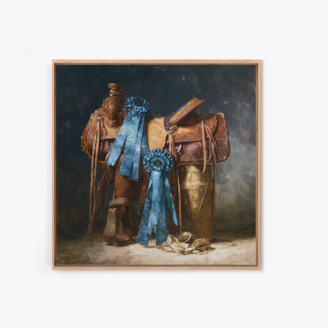 Blue Ribbon and Saddle Competition Still Life Canvas Print, Equestrian Art, Gallery Decor, Living Room Decor, Equestrian, EQU-1x1-41