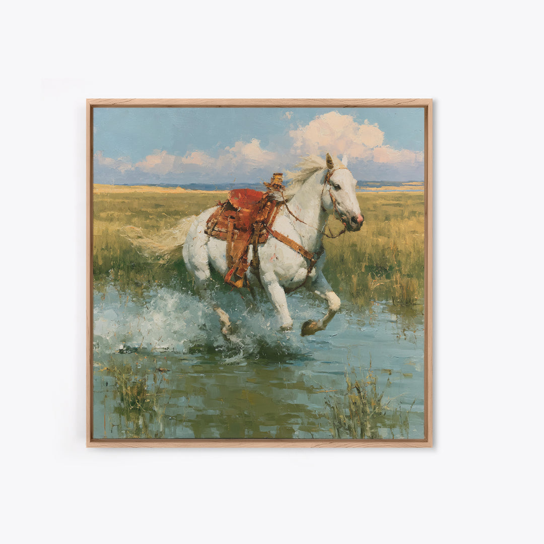 White Horse Running Through Shallow Water Canvas Print, Equestrian Art, Retro Poster, Living Room Decor, Fine Art, Equestrian, EQU-1x1-5