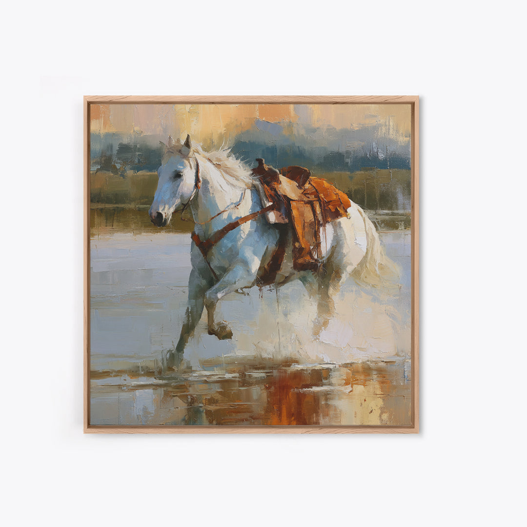 White Horse Running Through Shallow Water Framed Canvas Print, Equestrian Art, Fine Art Print, Living Room Decor, Equestrian, EQU-1x1-53