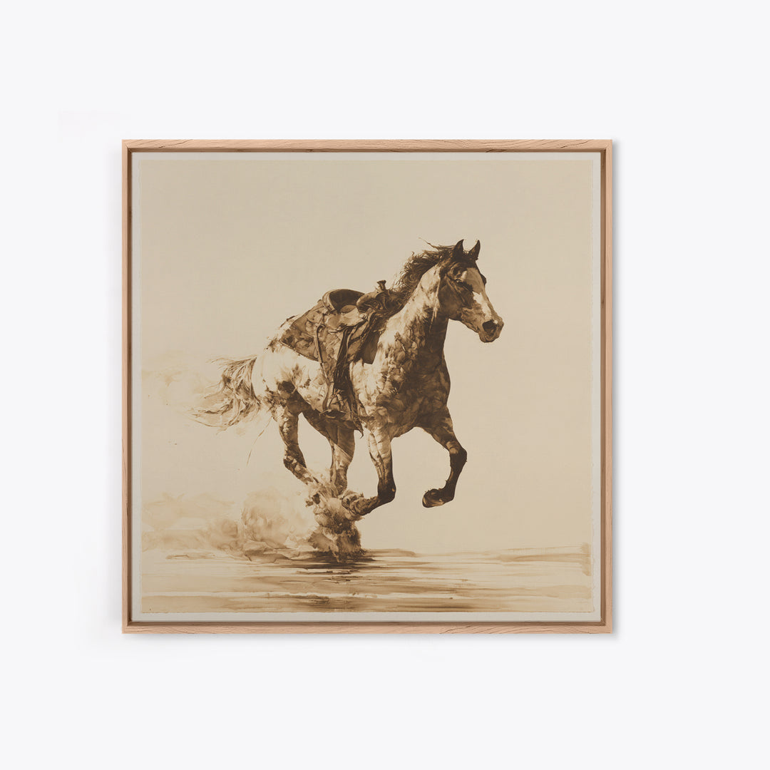 Minimal Horse Contour Drawing on Cream Paper Canvas Print, Equestrian Art, Antique Oil Painting, Living Room Decor, Equestrian, EQU-1x1-61