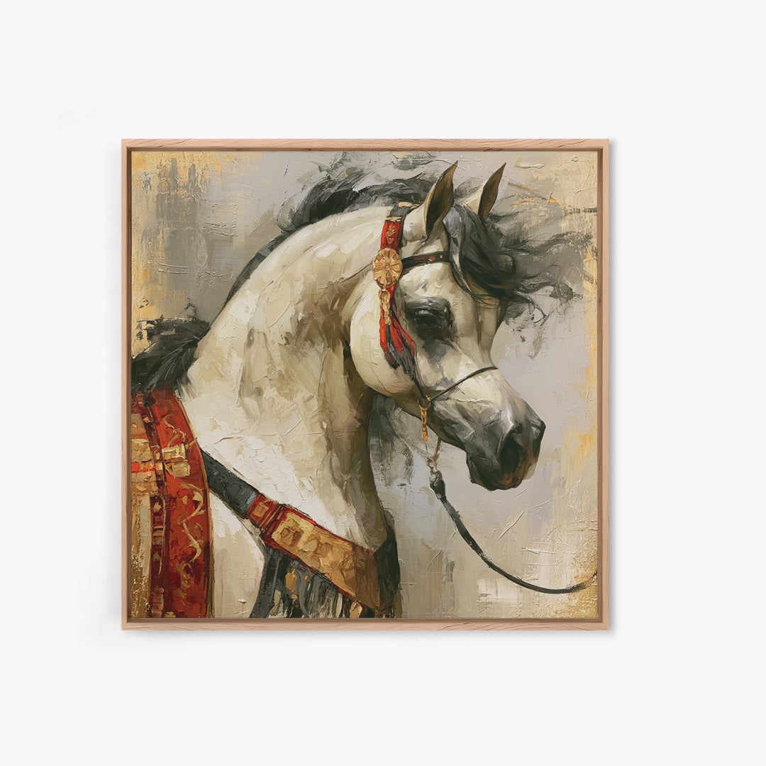 Arabian Horse with Ornate Tack and Silk Canvas Print, Equestrian Art, Antique Oil Painting, Living Room Decor, Equestrian, EQU-1x1-63