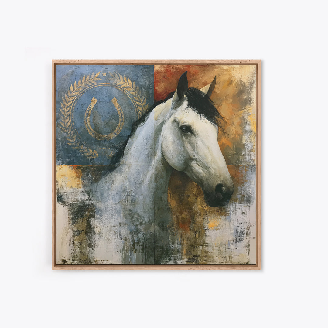 Equestrian Crest with Laurel and Horseshoe Canvas Print, Equestrian Art, Western Wall Art, Living Room Decor, Equestrian, EQU-1x1-70