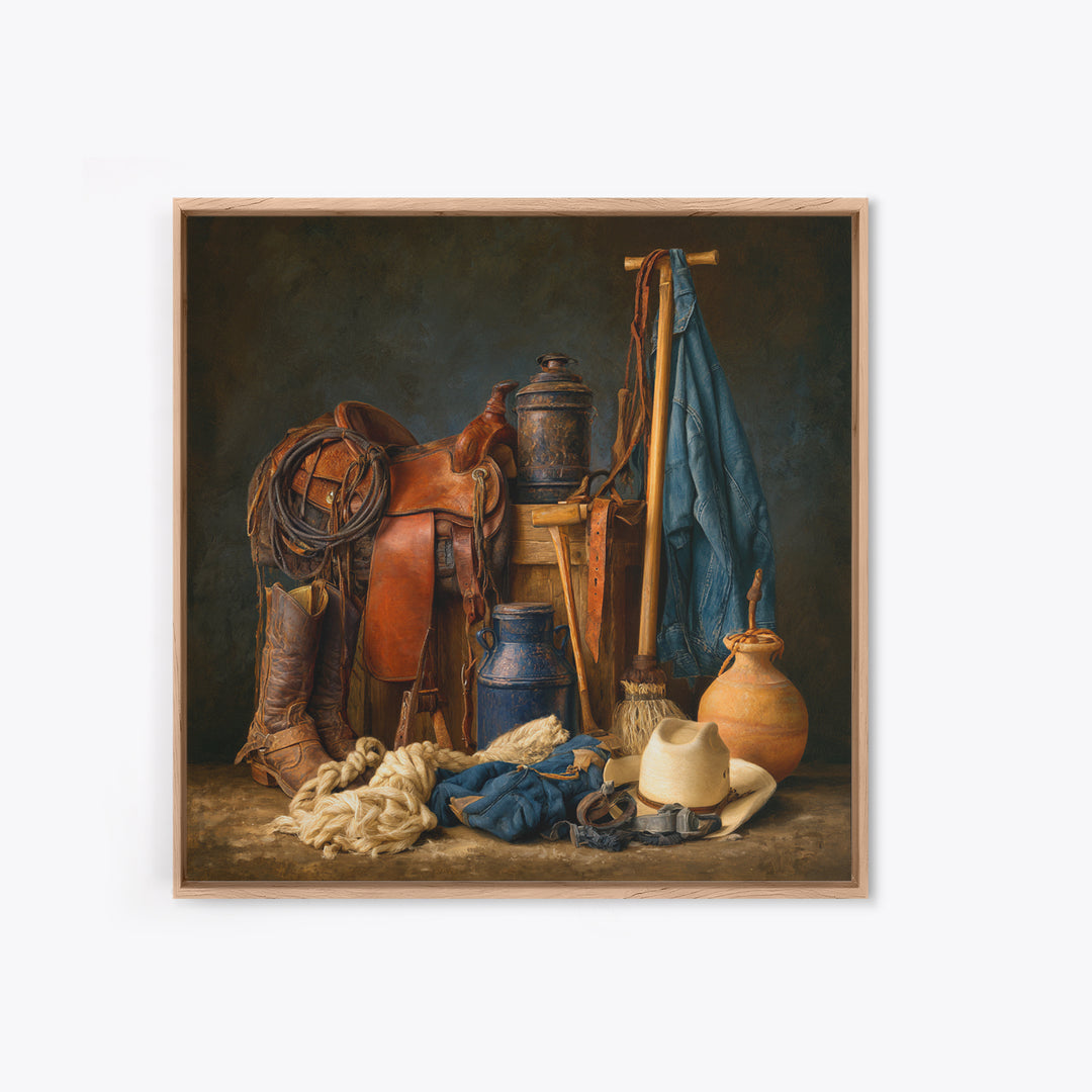 Stable Tools Arranged Like Old Master Still Framed Canvas Print, Equestrian Art, Gallery Wall, Living Room Decor, Equestrian, EQU-1x1-71