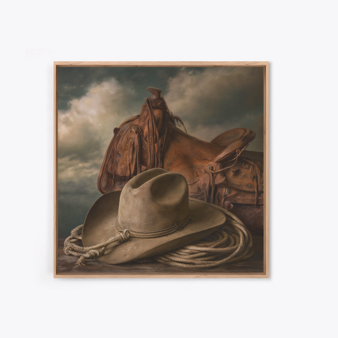 Cowgirl Hat and Reins Still Life Framed Canvas Print, Equestrian Art, Statement Artwork, Living Room Decor, Equestrian, EQU-1x1-83