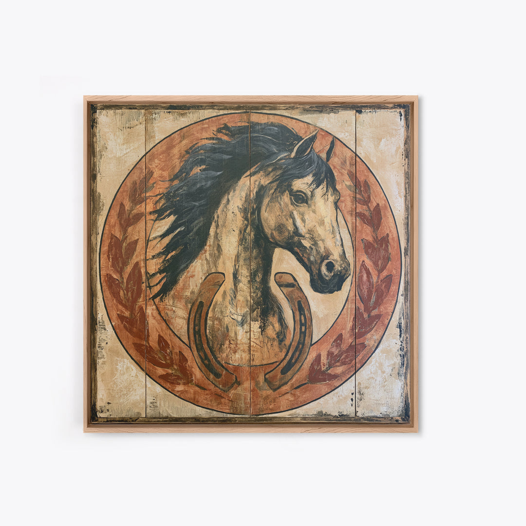 Equestrian Crest with Laurel and Horseshoe Canvas Print, Equestrian Art, Western Art, Living Room Decor, Fine Art, Equestrian, EQU-1x1-94