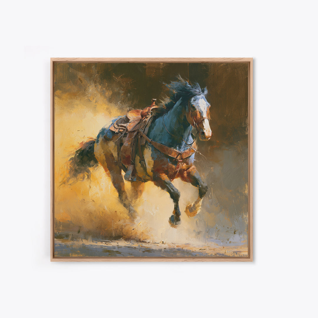 Galloping Horse in Golden Dust and Sunlight Canvas Print, Equestrian Art, Wall Art, Living Room Decor, Oil Painting, Equestrian, EQU-1x1-97